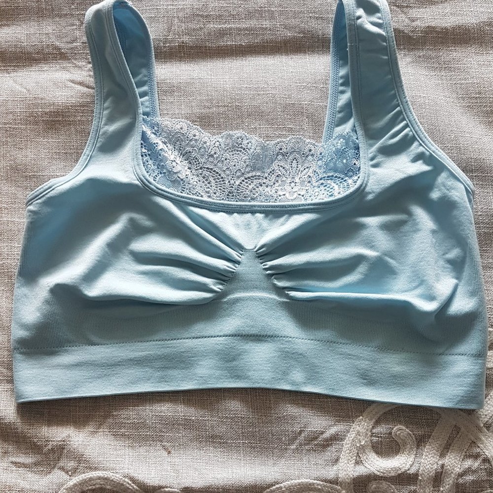 Rhonda Shear Ah Bra Light Blue No Wire or Hooks - Brand New - Size Large